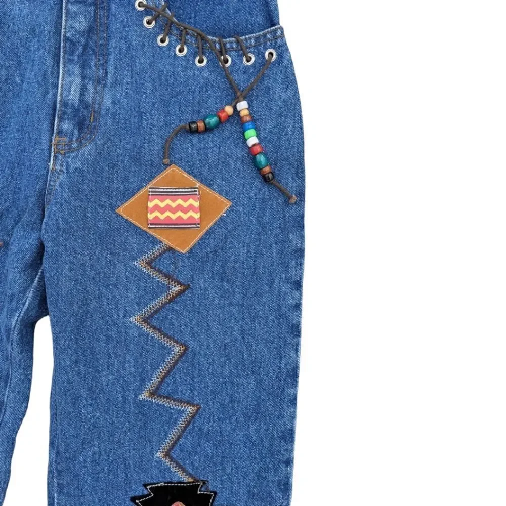 Y2k/90s Vtg Dakota Blue Jeans Boho Native American Patchwork Beaded High Waisted